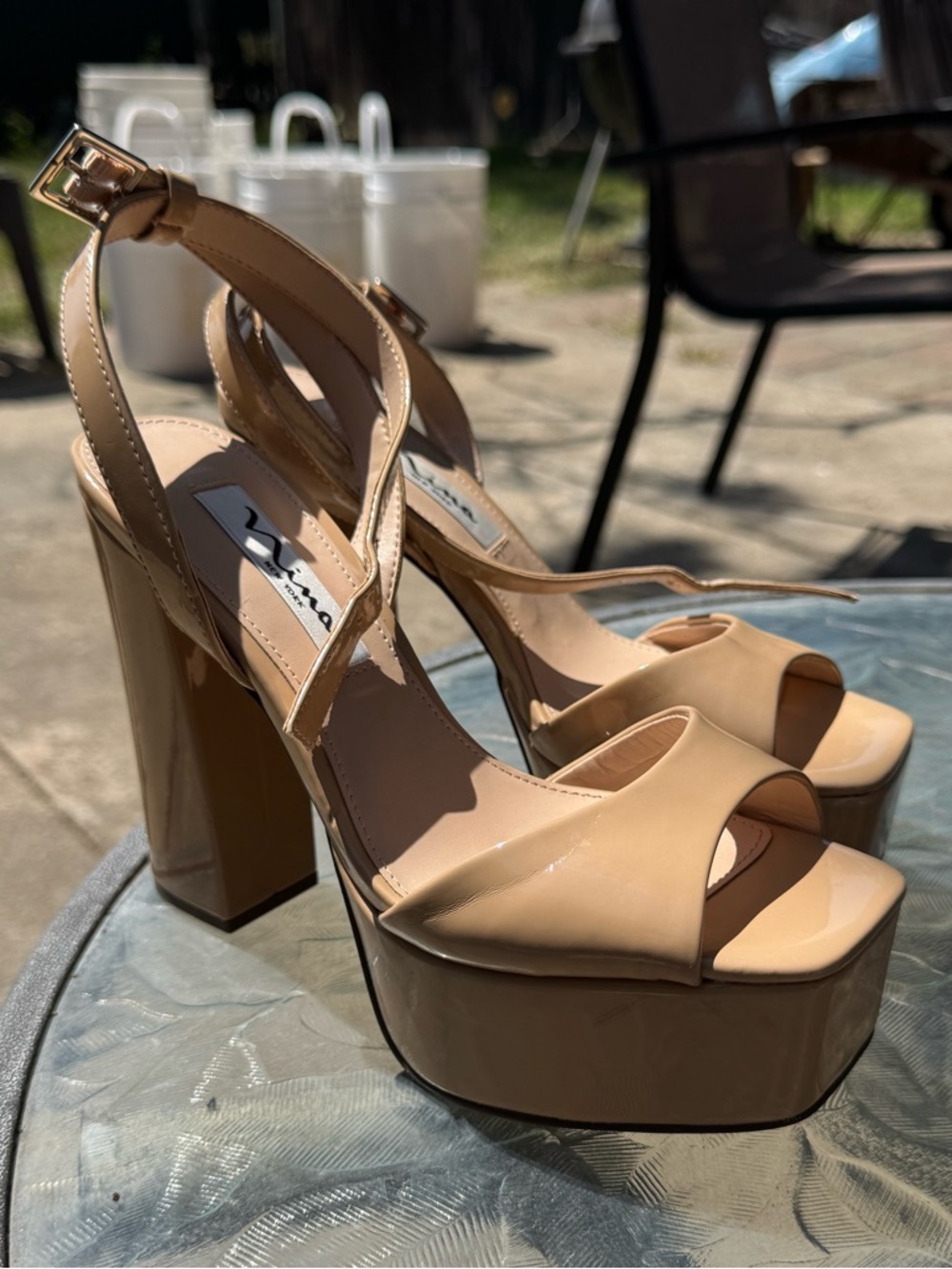 Nina Beige Patent Platform Block Heel Sandals